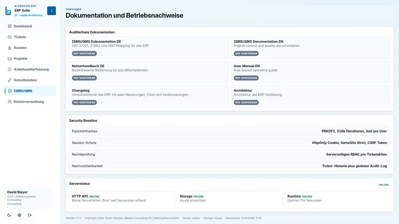 Dokumentation und Betriebsnachweise: auditierbare Dokumente, Sicherheitsrichtlinien und Serverstatus.
