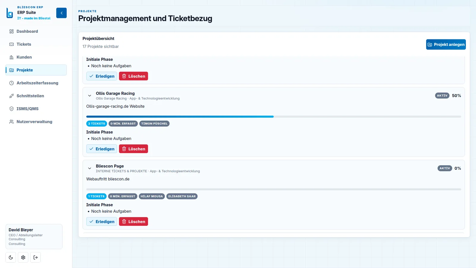 Projektübersicht mit Phasen, zugeordneten Tickets und Fortschritt in Prozent.