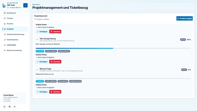 Projektübersicht mit Phasen, zugeordneten Tickets und Fortschritt in Prozent.