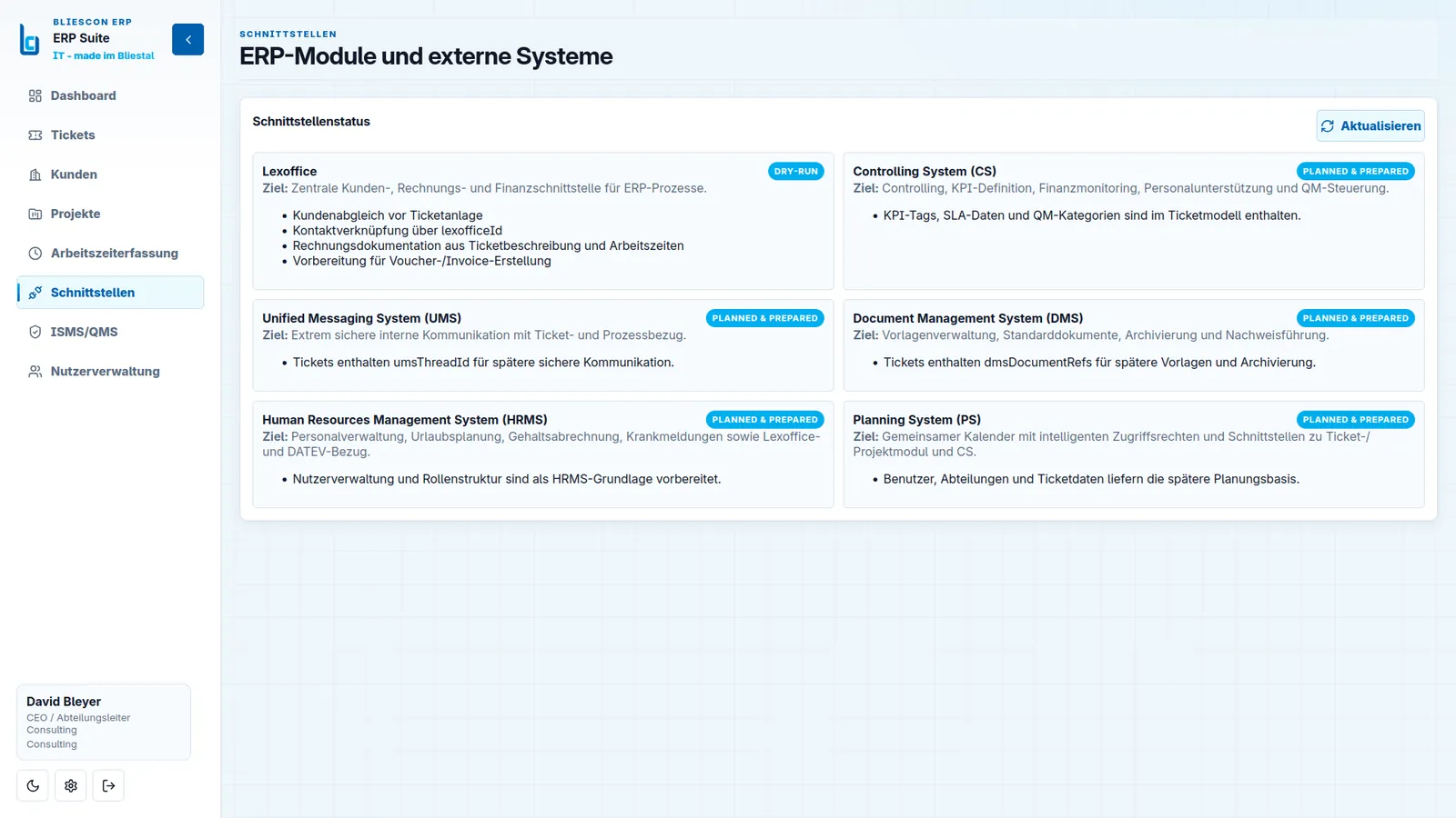 Übersicht der ERP-Module und externen Systeme mit Ziel, Status und enthaltenen Funktionen.