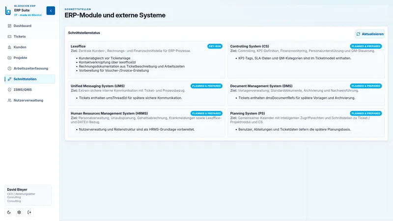 Übersicht der ERP-Module und externen Systeme, jeweils mit Ziel, Status und enthaltenen Funktionen.
