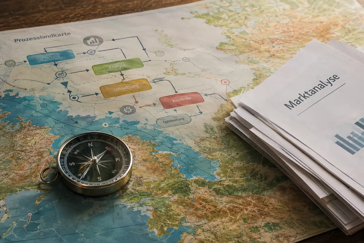 Ein Kompass auf einer Landkarte neben einer Prozesslandkarte und einer Marktanalyse.