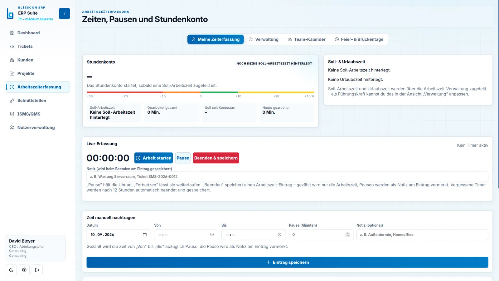 Zeiterfassung mit Stundenkonto, Live-Erfassung und Formular zum Nachtragen von Zeiten.